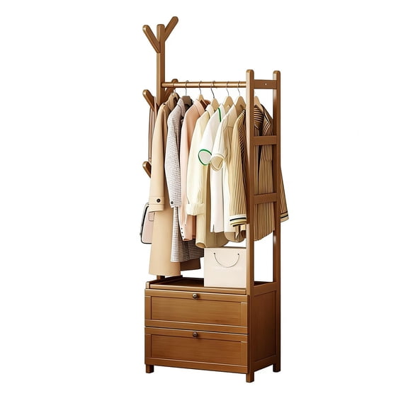 Freestanding Wooden Hall Tree with Flip-Down Drawers, Multifunctional Space Saving Coat Rack with Interlocking Hooks, Vintage Storage Furniture for Coats Hats Scarves Handbags