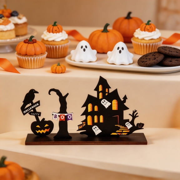 Freestanding Wooden Halloween Centerpiece, Spooky Tree with Ghost Castle Sign, Removable Graveyard Tabletop Decor, Holiday Party Ornament for Bar, Porch, Mantel, Tiered Tray Display, Multicolor