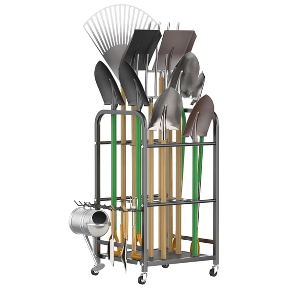 Freestanding Yard Tool Holder with Rolling Wheels, All-in-One Garden Tool Storage Organizer, Sturdy Stand for Rakes Shovels Long Handle Tools, Suitable for Indoor Outdoor Garage Shed