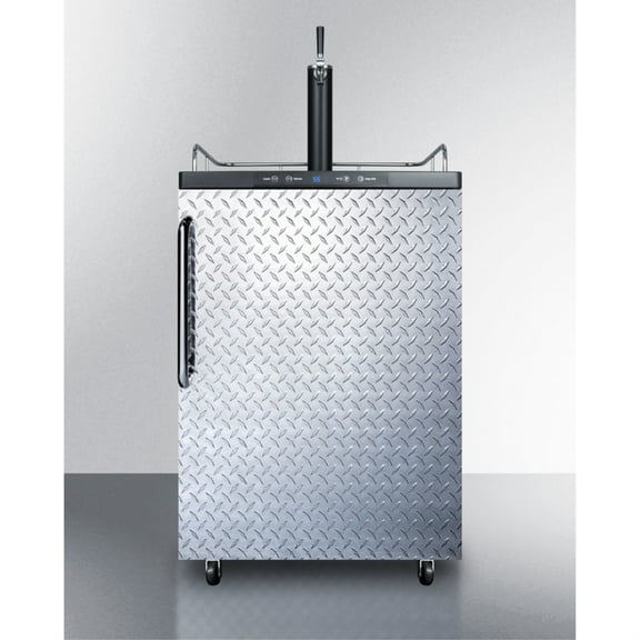 Freestanding residential beer dispenser, auto defrost with digital thermostat, diamond plate door, towel bar handle and black cabinet