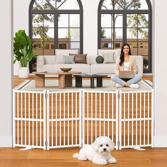 Freestanding retractable pet gate, four-panel folding indoor dog gate with support legs, adjustable width up to 48 inches, suitable for various doorways, puppy enclosure.