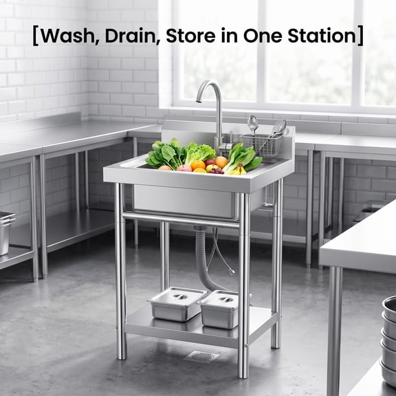 Freestanding utility tub sink, utility stainless steel utility sink with Faucet and Storage Rack, Thickened Stainless Steel utility workbench sink for Kitchen Laundry Room Garden