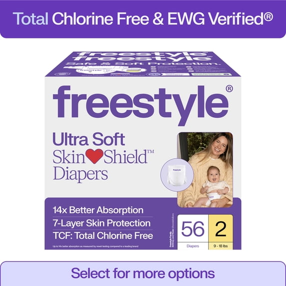 Freestyle Total Chlorine Free 14x Better Absorption Hypoallergenic EWG Verified® Baby Diapers, Size 2 (9-18 lbs), 56 Count