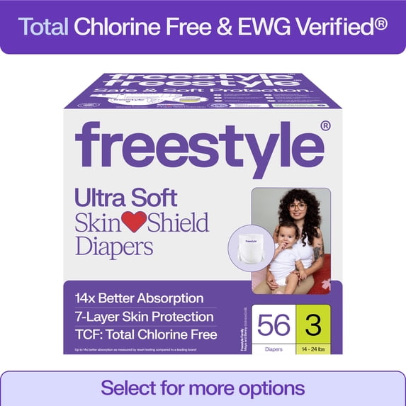 Freestyle Total Chlorine Free 14x Better Absorption Hypoallergenic EWG Verified® Baby Diapers, Size 3 (14-24 lbs), 56 Count