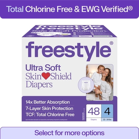 Freestyle Total Chlorine Free 14x Better Absorption Hypoallergenic EWG Verified® Baby Diapers, Size 4 (22-34 lbs), 48 Count
