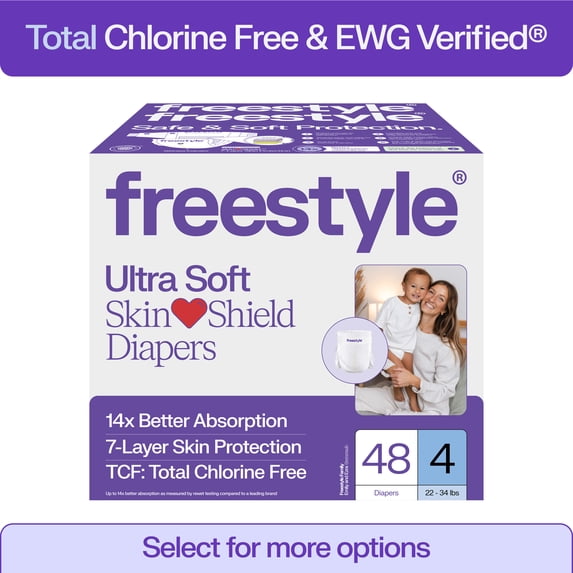 Freestyle Total Chlorine Free 14x Better Absorption Hypoallergenic EWG Verified® Baby Diapers, Size 4 (22-34 lbs), 48 Count