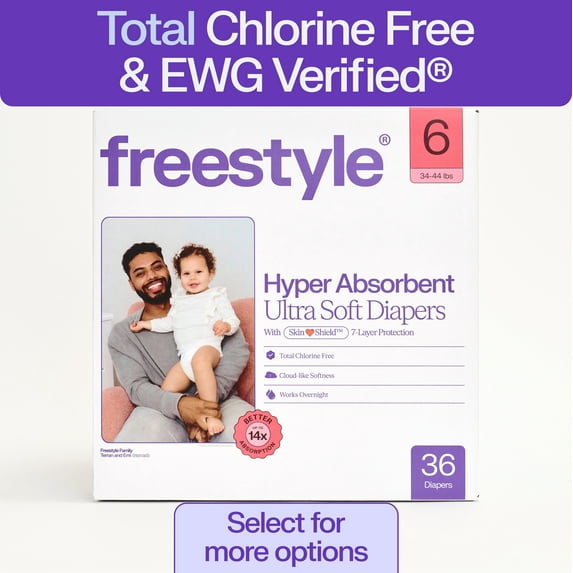 Freestyle Hyper Absorbent Ultra Soft TCF Baby Diapers, Size 6, 36 Count (Select for More)