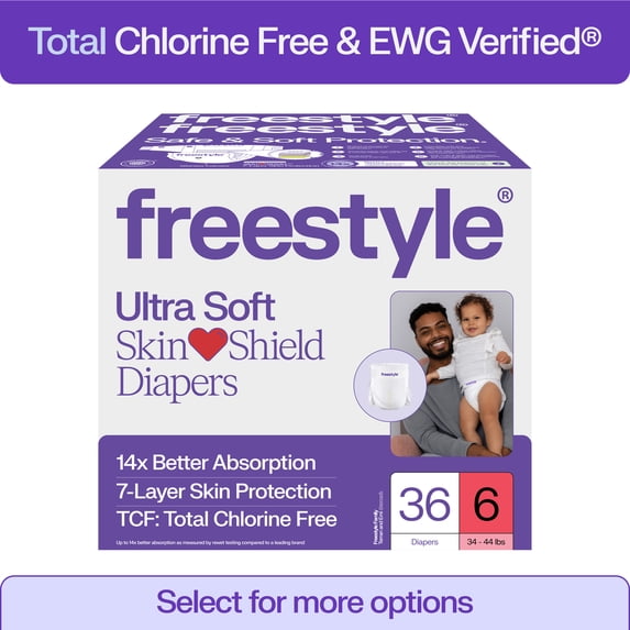 Freestyle Total Chlorine Free 14x Better Absorption Hypoallergenic EWG Verified® Baby Diapers, Size 6 (34-44 lbs), 36 Count