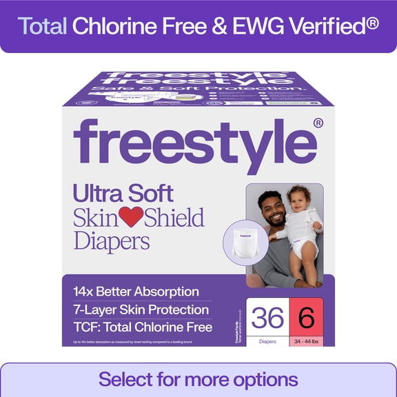 Freestyle Total Chlorine Free 14x Better Absorption Hypoallergenic EWG Verified® Baby Diapers, Size 6 (34-44 lbs), 36 Count