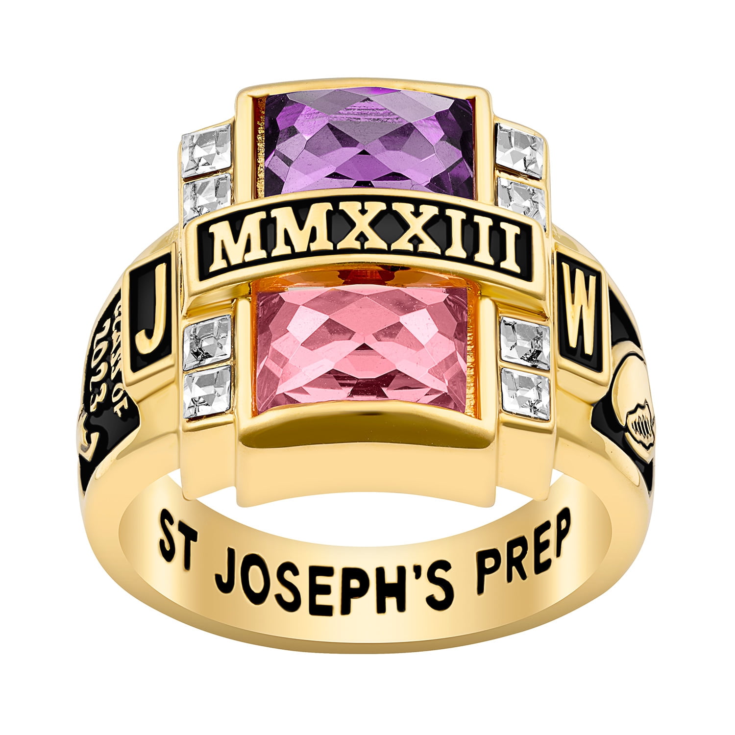 Freestyle, Men's Rhodium, Gold or Rose Gold Plated Double Birthstone & CZ Rectangle Class Ring, Personalized, High School or College Graduation