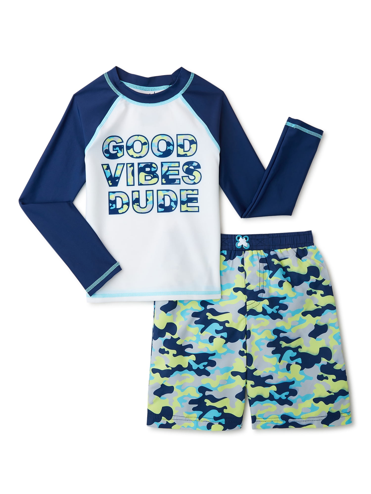 Freestyle Revolution Boys Long Sleeve Rash Guard and Camo Swim Trunks