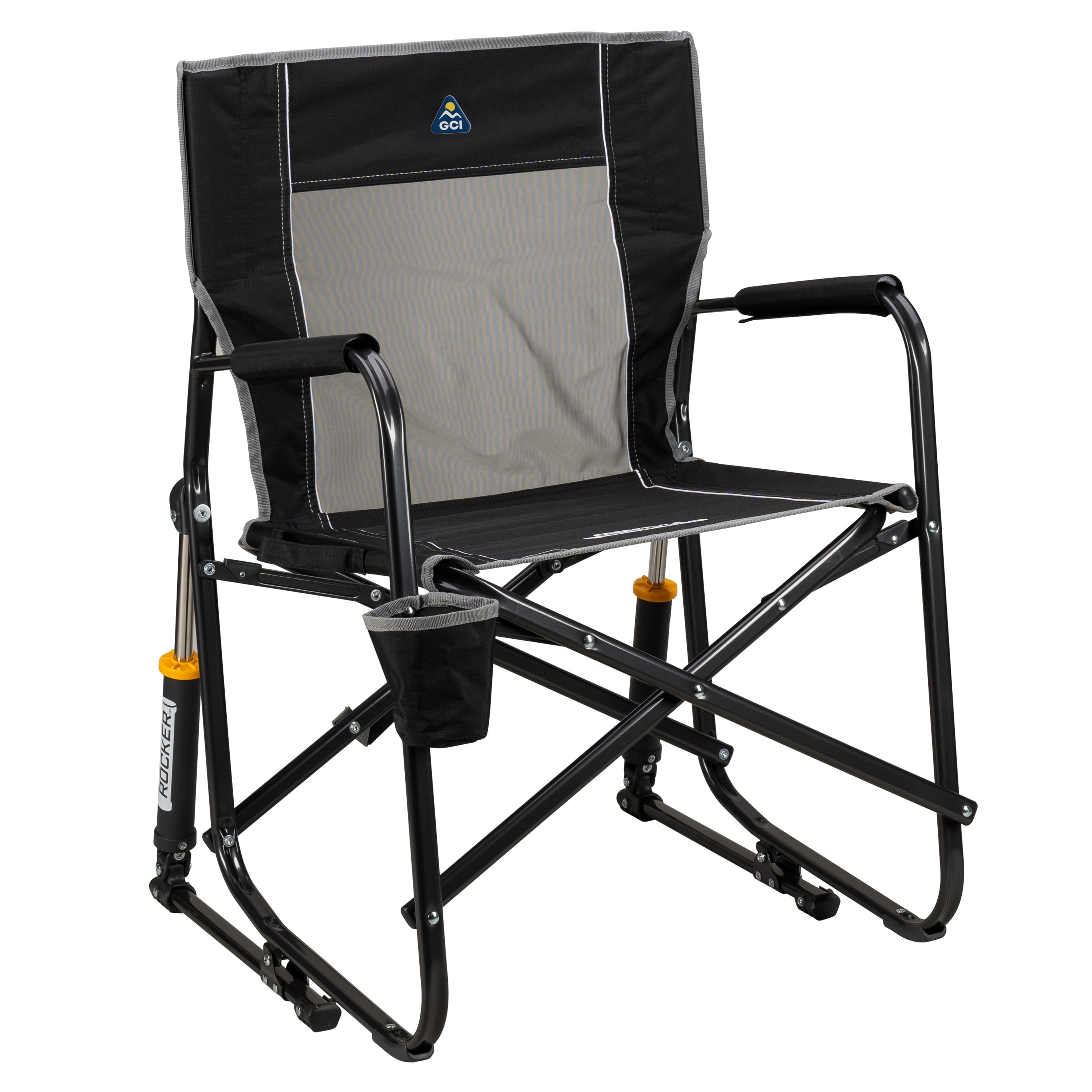 Walmart Black Friday Deals 2025 - Free Shipping! GCI Outdoor Foldable Rocking Camp Chair Black with Padded Armrests Mesh Backrest and Beverage Holder