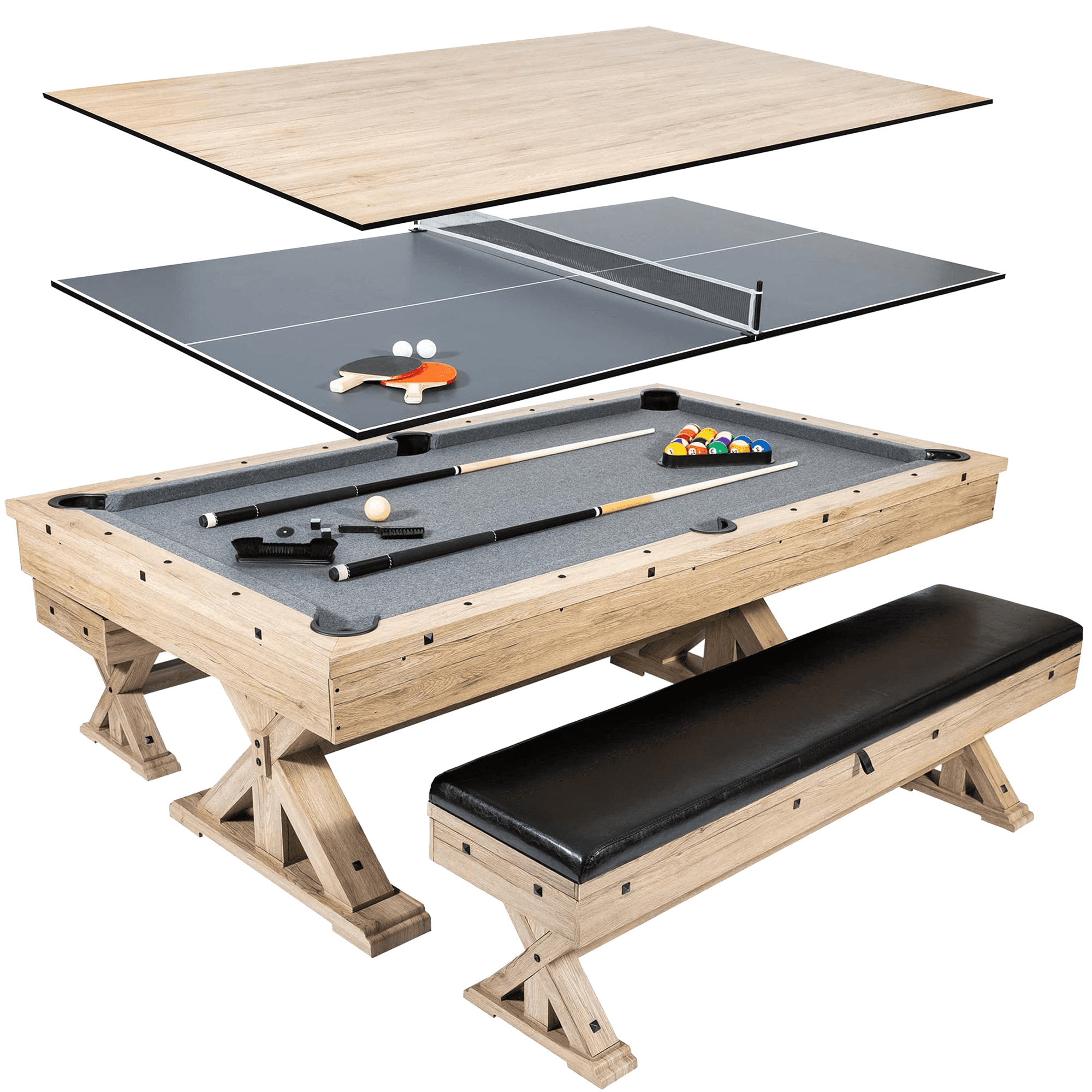 Freetime Fun 3 in 1 Multi Game 7 FT Pool Table with Dining Top and Ping Pong Table with Benches