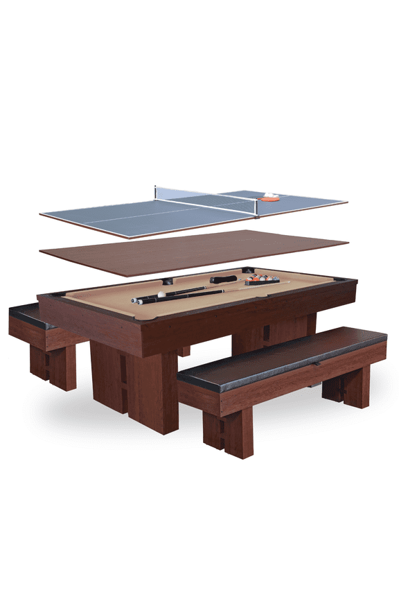 7 FT 3 in 1 Multi Game Pool Table with Dining Top Pool Table Ping Pong Table Combo with Dual Storage Bench Seating - SKU RB5900