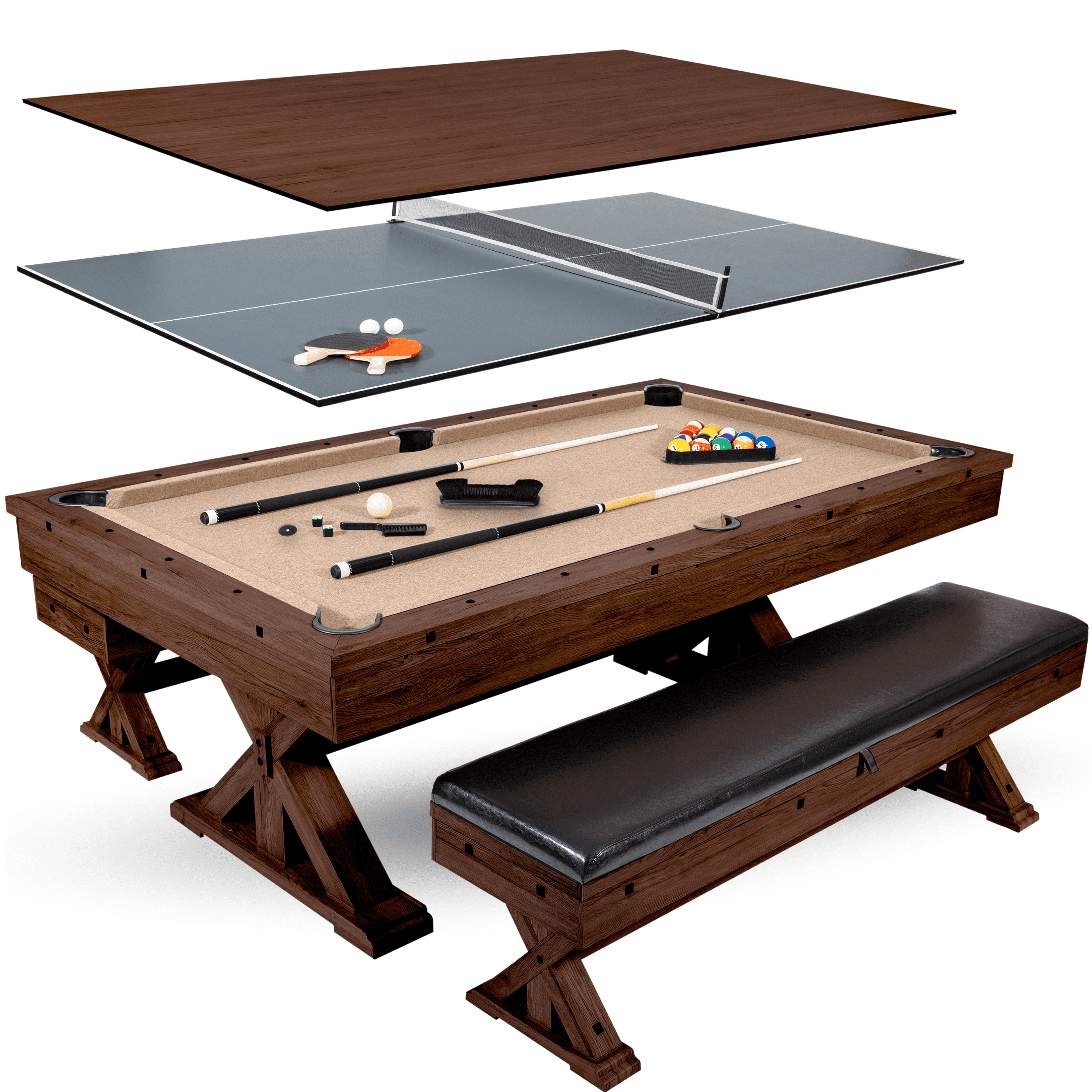 Espresso 7ft 3-in-1 Pool and Ping Pong Table with Benches