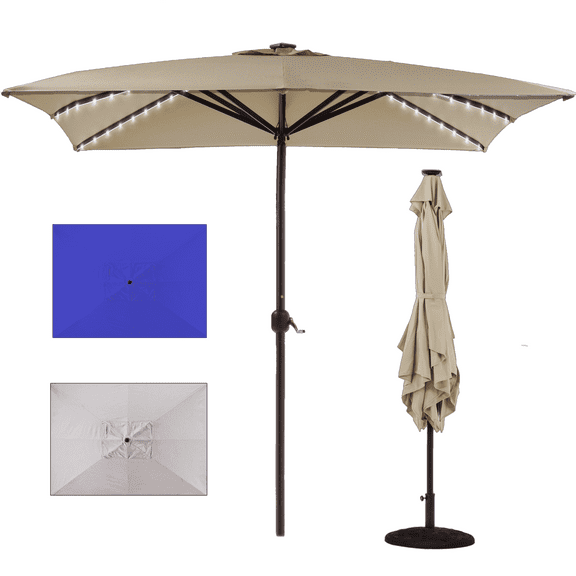Freetime Fun Heavy Duty Ibiza 8x10ft Rectangular Outdoor Patio Umbrella with Solar Lights, Sand