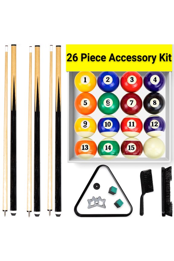 Pool Table Accessories Including Billiard Pool Balls, Pool Cues, Pool Chalk, 8 Ball Triangle, Pool Table Brush - 26 Piece Billiard Pool Accessories Set - RB9202