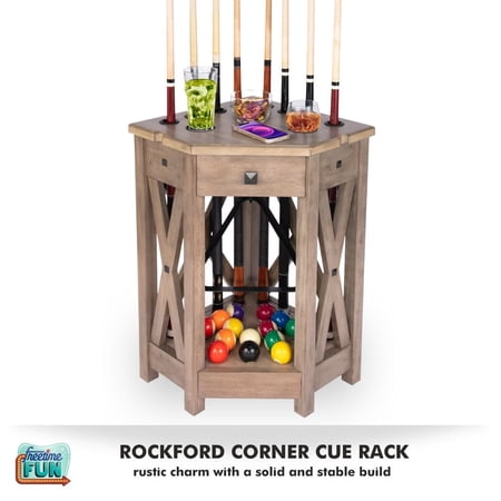 Freetime Fun Rockford Corner Pool Cue Rack; Billiard Room Furniture Corner Cue Rack Holds 8 Pool Table Sticks, 1 Set of Pool Balls, 2 Ball Triangles and other Billiard Accessories - RB3116