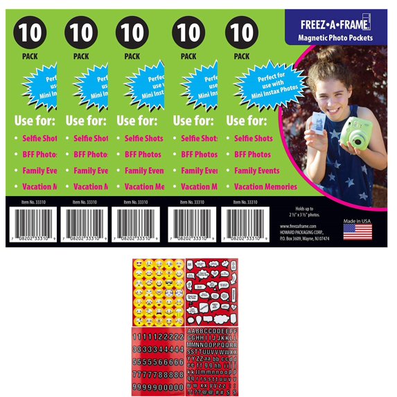 Freez-A-Frame Magnetic Photo Pockets for Fuji Mini Instax Photos (Wallet Size) 10 Pack + Scrapbooking Stickers 4 Pages of Emojis, Quotes, Letters & Numbers - Valued Exclusive Bundle (50)