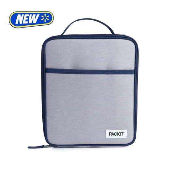 PackIt Freezable Gel-Lined Large Upright Lunch Box, Gray/Navy, Ideal for Workday Meals & Travel