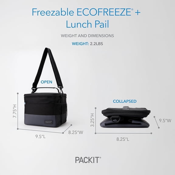 Freezable Lunch Pail Black Gray with ECOFREEZE Technology Triple Layered Cooling Removable Strap for Office Picnic