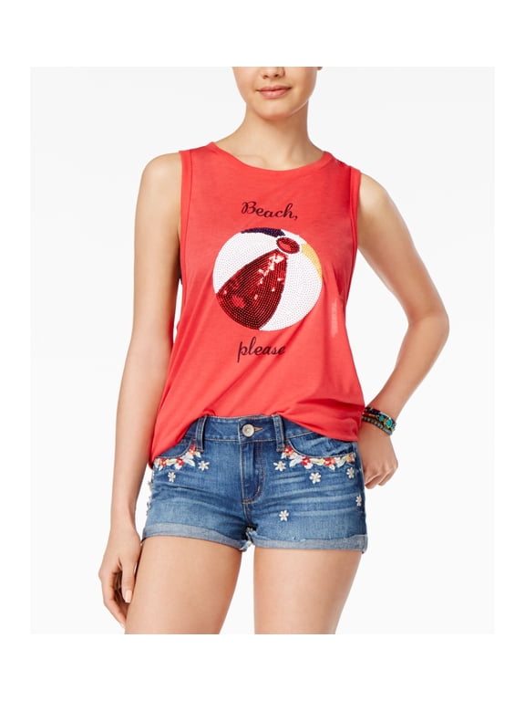Juniors' Sequined Beach Graphic Tank Top Red S