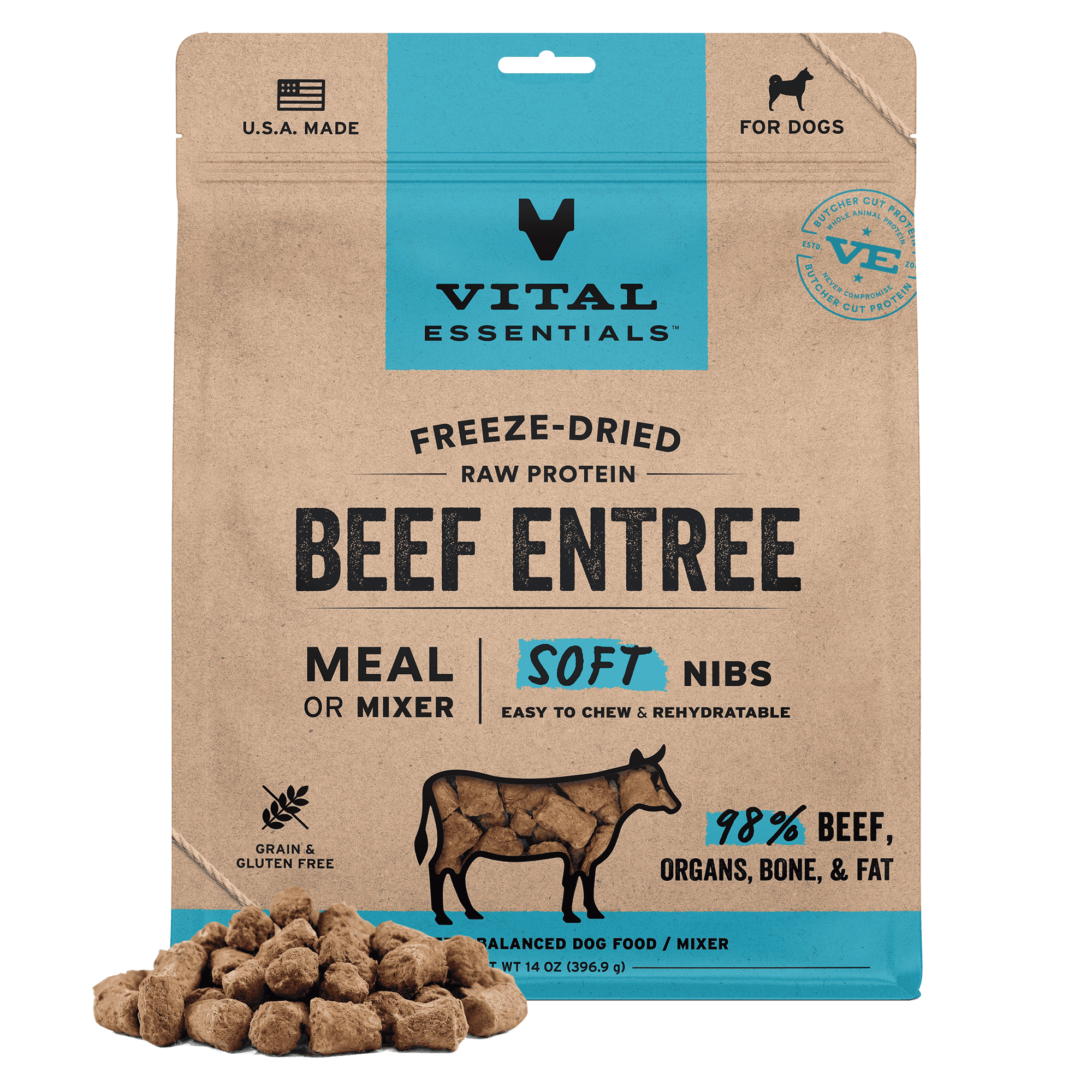 Vital Essentials Freeze Dried Dog Food, Raw Beef Soft Nibs | Complete Meal or Topper | 98% Beef, Organs & Bone | Limited Ingredient, High Protein, Grain Free Dry Dog Food | 14 oz bag