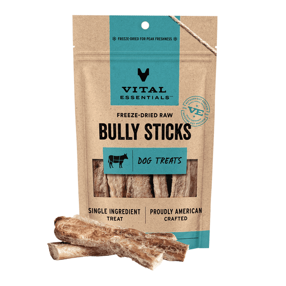 Vital Essentials Freeze Dried Bully Sticks Dog Treats | Long Lasting Chews | Grain Free Treats for Dogs, (3 Count) 1.4 oz bag