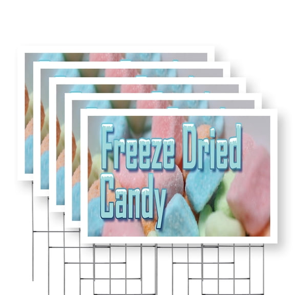 Freeze Dried Candy Yard Sign 5 Pack of 24 Inch x 36 Inch Double Sided Weatherproof Heavy-Duty Plastic with Stake | Sweet Treats, Unique Snacks, Retail Promotions | Made in USA