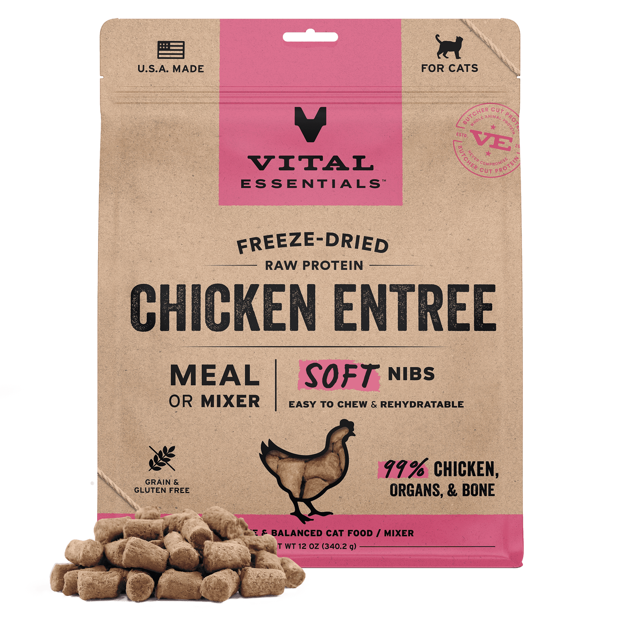 Vital Essentials Freeze Dried Cat Food, Raw Chicken Soft Nibs | Complete Meal or Topper | 99% Chicken, Organs & Bone | Limited Ingredient, High Protein, Grain Free Dry Cat Food | 12 oz bag