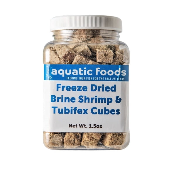 Freeze Dried Floating Brine Shrimp and Tubifex Cubes for All Tropical Fish, Marine Fish, Discus, Cichlids, Koi & Pond Fish, Turtles1.5oz Small Jar