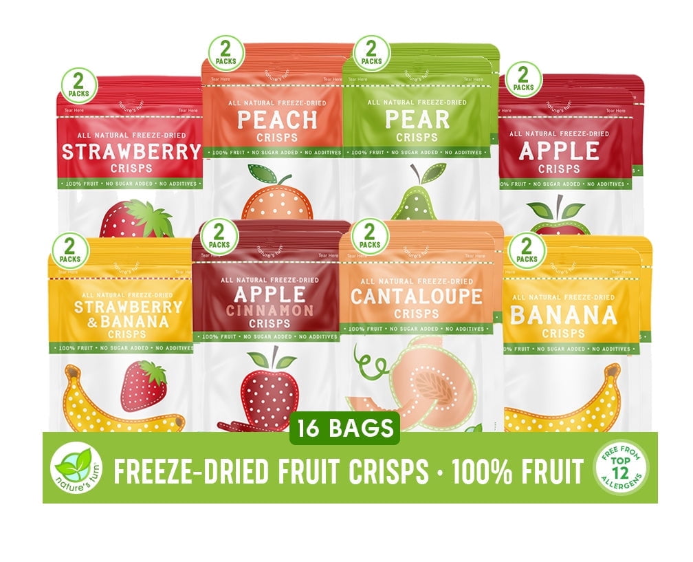 Nature's Turn Freeze-Dried Fruit Crisps Mega Variety Pack, No Added Sugar, Healthy Natural Fruit Crisp Snack for School Lunches, 16 Pack (1.2 oz Each)