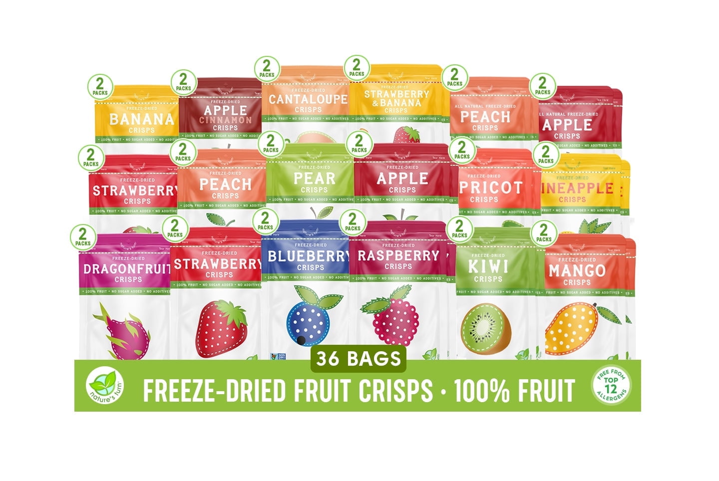 Nature’s Turn Freeze-Dried Fruit Crisps Ultimate Variety Pack, No Added Sugar, Healthy Fruit Crisp Snack for School Lunches, 36 Pack (0.53 oz Each)