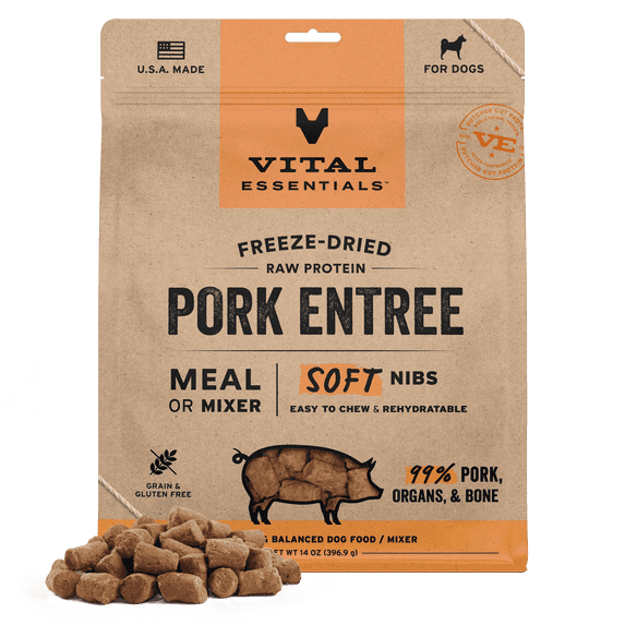 Vital Essentials Freeze Dried Dog Food, Raw Pork Soft Nibs | Complete Meal or Topper | 99% Pork, Organs & Bone | Limited Ingredient, High Protein, Grain Free Dry Dog Food | 14 oz bag