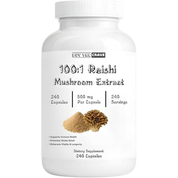 Freeze-Dried Reishi Mushroom 100:1 Extract Capsules, 500mg, 240 Count Immune Support, Antioxidant-Rich, Non-GMO, Gluten-Free Supplement for Men & Women