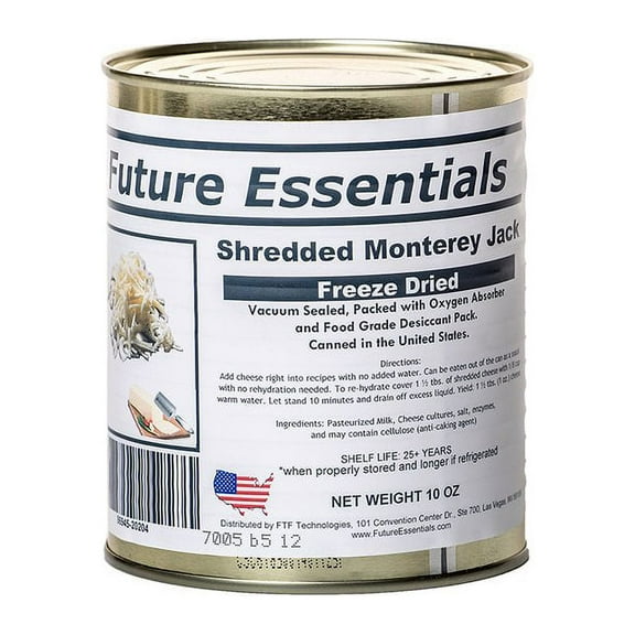 Freeze Dried Shredded Monterey Jack Cheese 25 Year Shelf Life 10 Oz Can