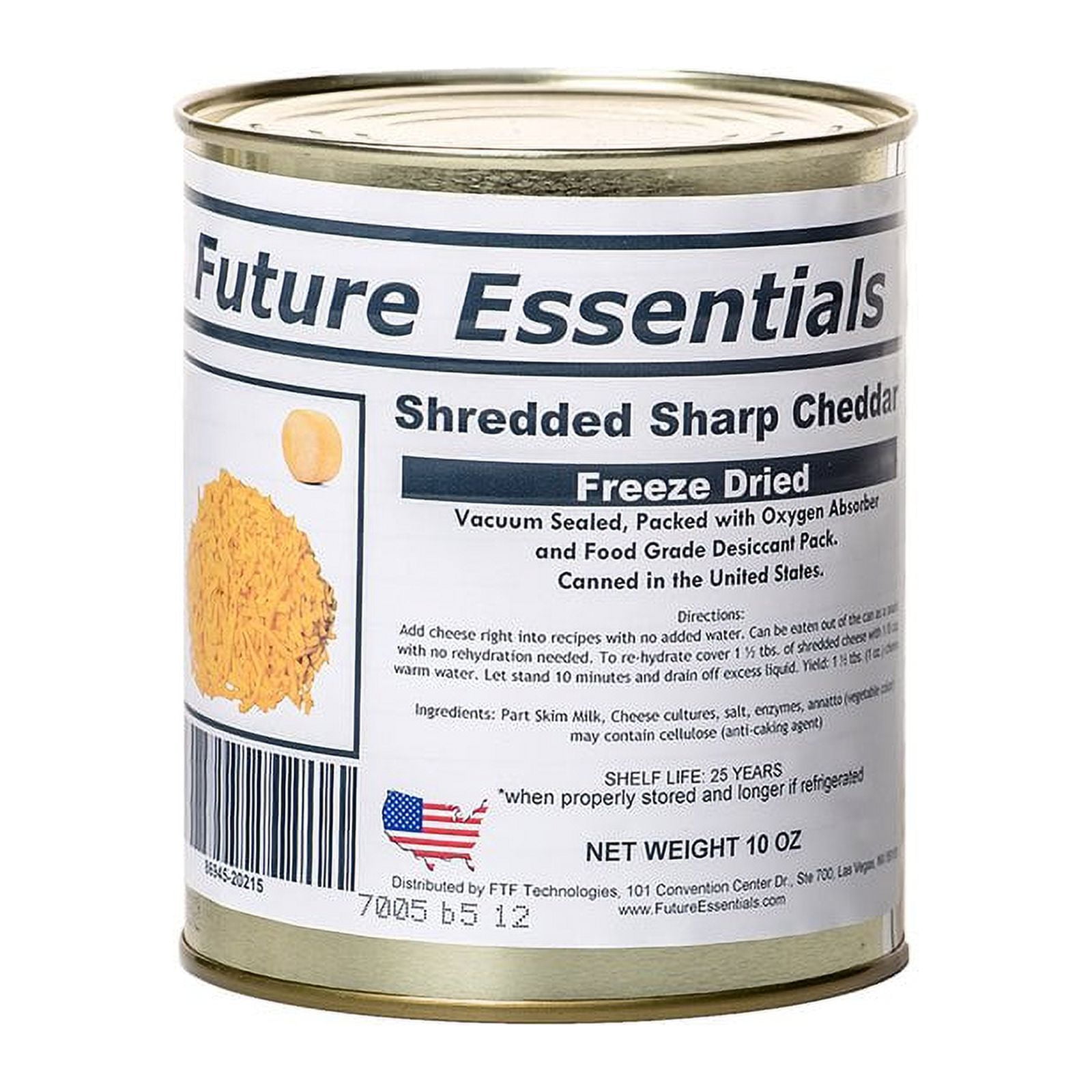 FTF TECHNOLOGIES Freeze Dried Shredded Sharp Cheddar Cheese 25 Year Shelf Life 10 Oz Can