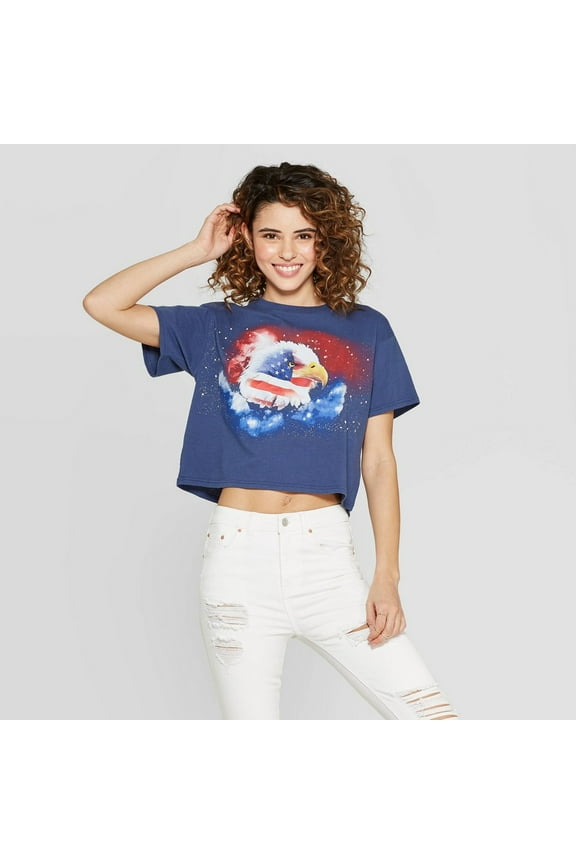 Women's Short Sleeve American Bald Eagle Patriotic Cropped T-shirt (juniors') - Blue - (Medium)