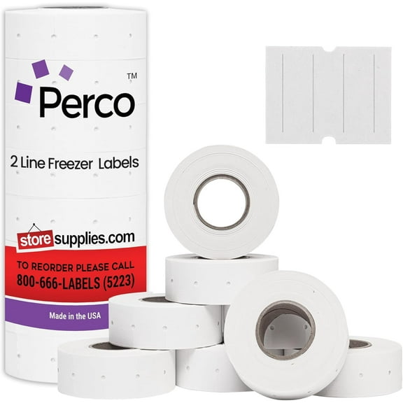 Perco 2 Line Freezer Adhesive Labels - 8 Rolls, 1 Sleeve, 6,000 Blank Price and Date Gun Labels for Perco 2 Line Price and Date Guns - Made in USA