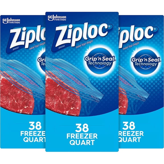 Freezer Bags with New Grip 'n Seal Technology, Quart, 38 Count, Pack of 3 (114 Total Bags)