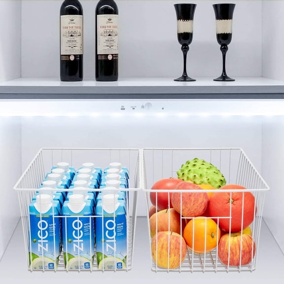 Freezer Basket Organizer, Refrigerator Metal Wire Storage Divider, Household Container Bins with Handles for Kitchen, Pantry, Cabinet, Closets - White (4, 16in x 9in x 7in)