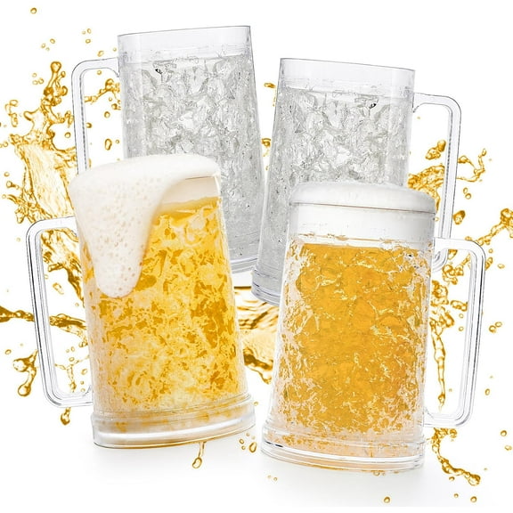 Freezer Beer Mugs, 4 Pack Clear Double Wall Gel Frosty Ice Mugs with Gel, Plastic Beer Mugs with Handles for Freezer, Parties and Gifts, 16oz
