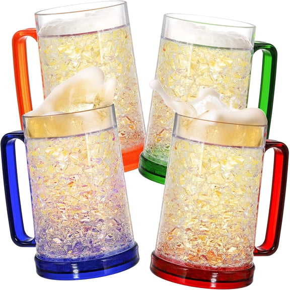 Freezer Beer Mugs, 4 Pack Double Wall Gel Frosty Freezer Ice Mugs, Plastic Beer Mugs With Handles for Parties and Gifts, 16oz (Blue, Red, Orange and Green)