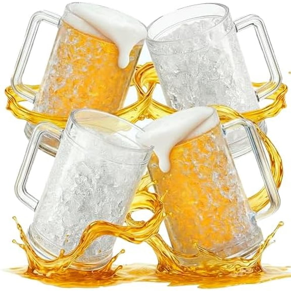 Freezer Beer Mugs Set of 4, 16 oz Double Wall Gel Mugs for Freezer, Acrylic Plastic Beer Stein with Handle, Ice Cold Glasses for Men, BBQ, & Pool Parties (Clear)