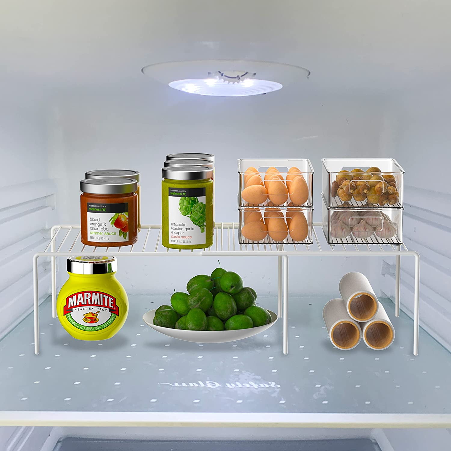Freezer Cabinet Storage Shelf Set of 4, Expandable Metal Spice Rack, Adjustable Kitchen Organizer Counter Fridge Pantry Shelf Space Saver (White)