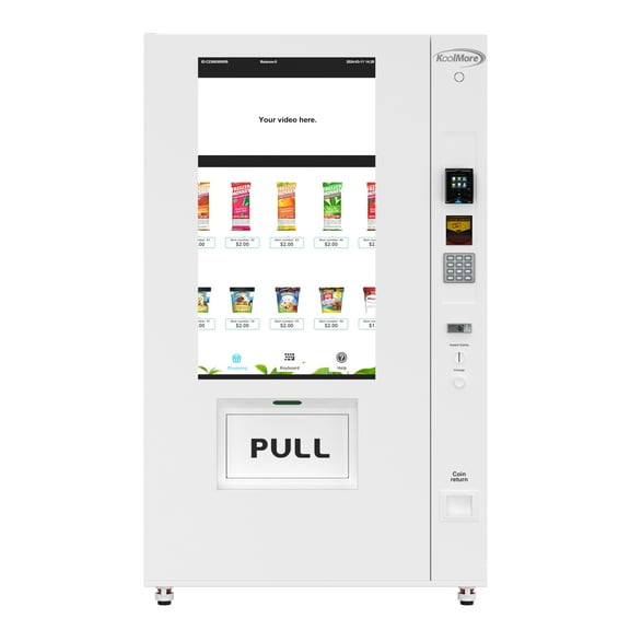 Freezer Ice Cream Vending Machine In White With 44 Slots Featuring Ample 49 Inch Touch Display, Bill Acceptor, Credit Card Reader, Wifi and 4G Connectivity