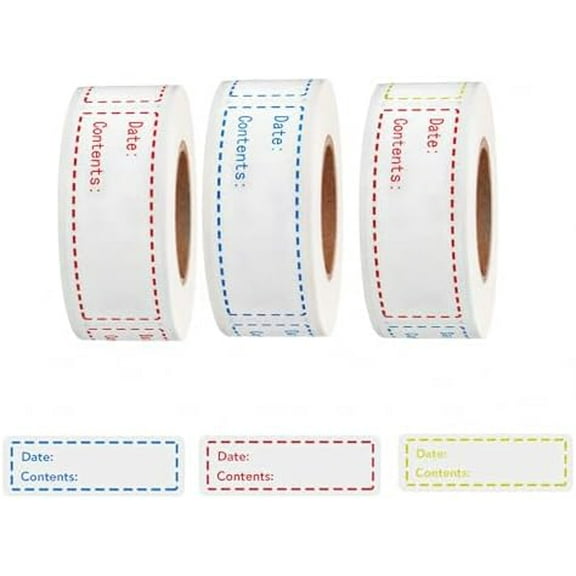 Freezer Labels 375pcs - 3"x1" Self-Adhesive Removable Food Labels | Write-On Waterproof & Oil-Proof Tape for Containers, Meal Prep & Pantry Organization (3 Rolls, 3 Colors)