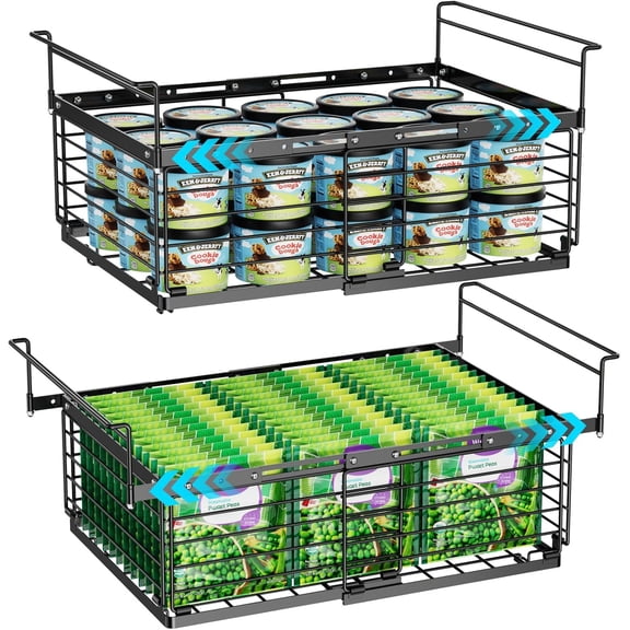 Freezer Organizer Bins - 2 Pack Expandable Freezer Bins for 10 to 20 Cu.Ft Chest Freezers, Hanging Wire Baskets Stop Digging & Maximize Top Storage Space, Sliding Deep Freezer Baskets, Black