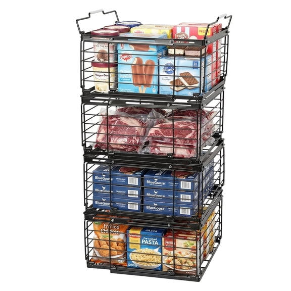 Freezer Organizer Bins 4 Pack, Chest Freezer Organizer Bins Stackable, Expandable Freezer Storage Bins (11"-17.3"), Heavy Duty Metal Wire Baskets for Deep Freezer, Upright Freezer, Fridge Black