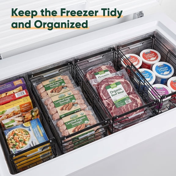 Freezer Organizer Bins 4 Pack, Deep Freezer Organizer Bins Stackable, Expandable Chest Freezer Baskets 11"17.3", Heavy Duty Metal Wire Baskets for Deep Freezer, Upright Freezer, Fridge Black